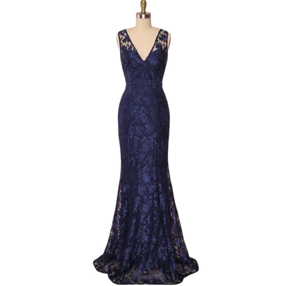 Baltic Born Navy blue V Neck lace Gown Pearls Long Formal large NWT